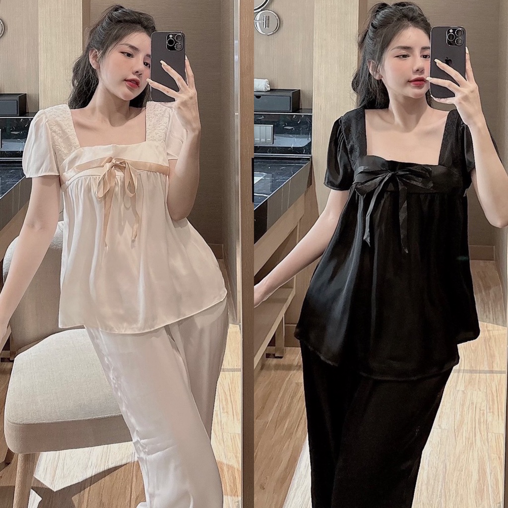 Đồ bộ nữ tiểu thư, đồ ngủ lụa latin, chất liệu lụa mềm mịn