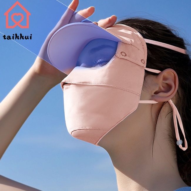 Mũ Chống Nắng Kèm Mặt Nạ Chống Tia Uv Bằng Lụa Mát Thoáng Khí Thời Trang Mùa Hè Cho Nữ