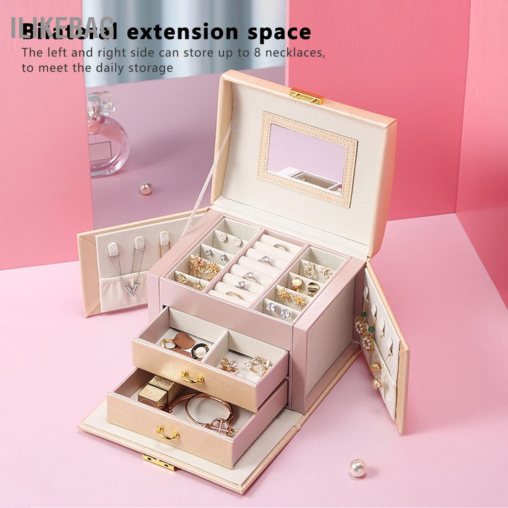 Ilikebag Du Lịch Hộp Đựng Trang Sức Di Động Sắp Xếp Lưu Trữ Có Chìa Khóa Kép Ngăn Kéo Cho Nhẫn Bông Tai Dây Chuyền