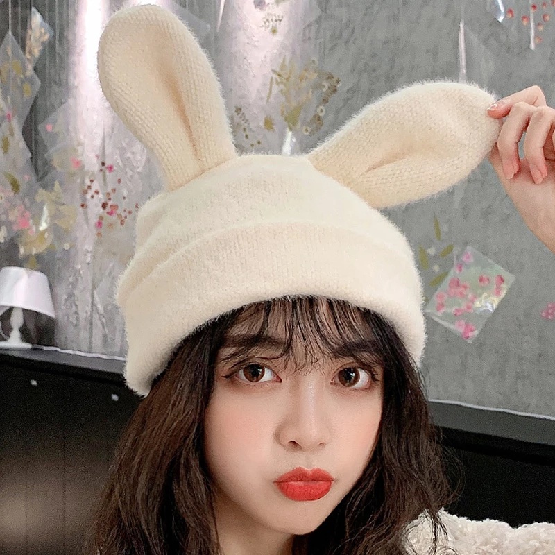 Mũ Trùm Đầu Dệt Kim Vải Nhung Hình Tai Thỏ Hoạt Hình Dễ Thương Thời Trang Đường Phố Dành Cho Bạn Nữ