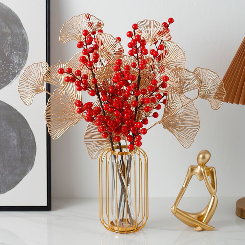 Cành Đào Đông Đỏ 12 Nhánh Cao Cấp Kèm Cành Lá Các Loại - Hoa Giả Decor Để Bàn Trang Trí Phòng Khách, Ngày Tết, Chụp Ảnh