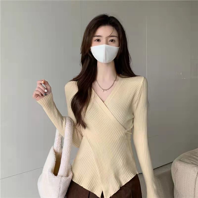[Giao Ngay] Áo Sweater Đen Tay Dài Cổ Chữ V Chéo Màu Trơn Dáng Ôm Thời Trang Mùa Xuân Mới Cho Nữ