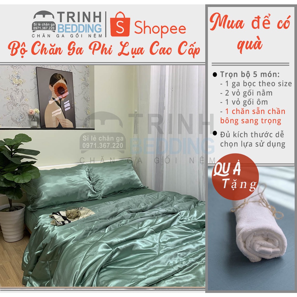 Bộ Drap Phi Lụa Siêu Mịn Mát Màu Xanh Đậu Cao Cấp Trinhbedding Màu Mới