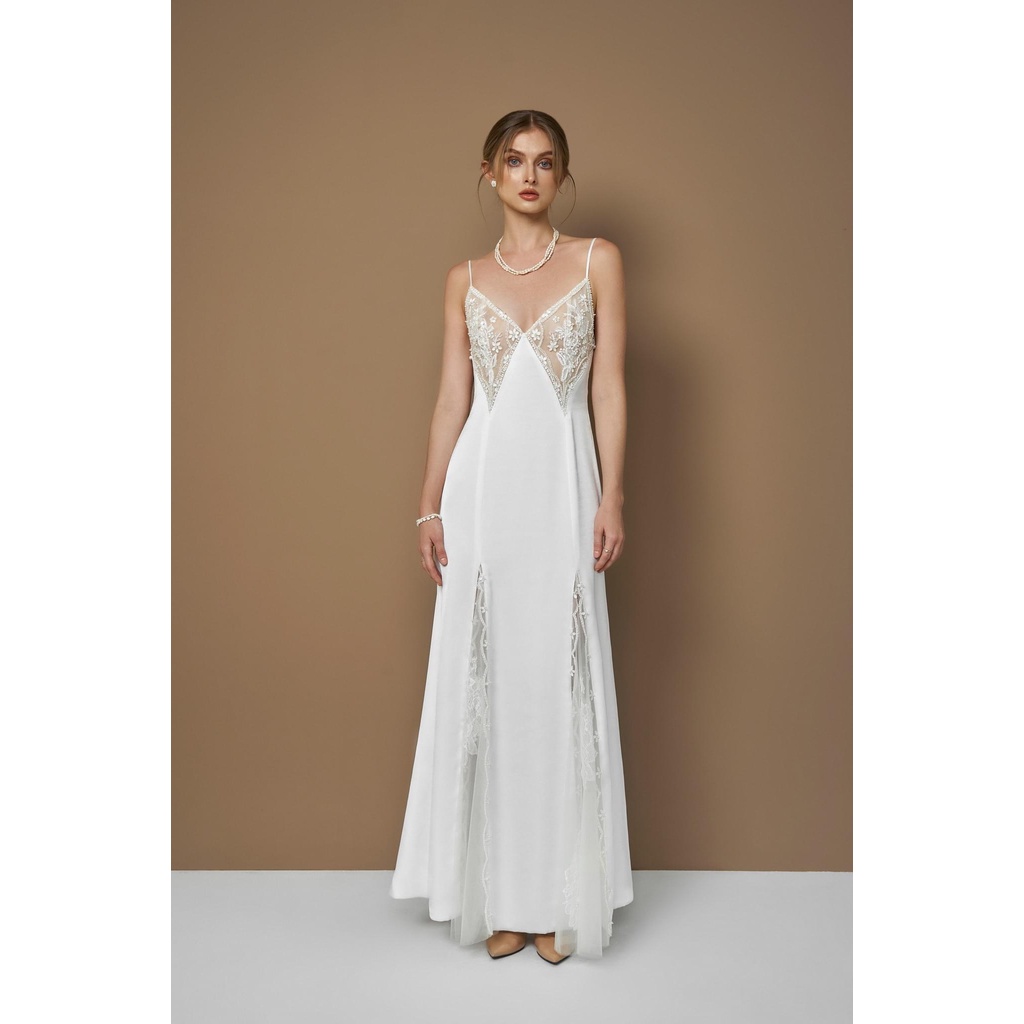 MAVEN - Váy trắng 2 dây phối lưới đính kết Doris