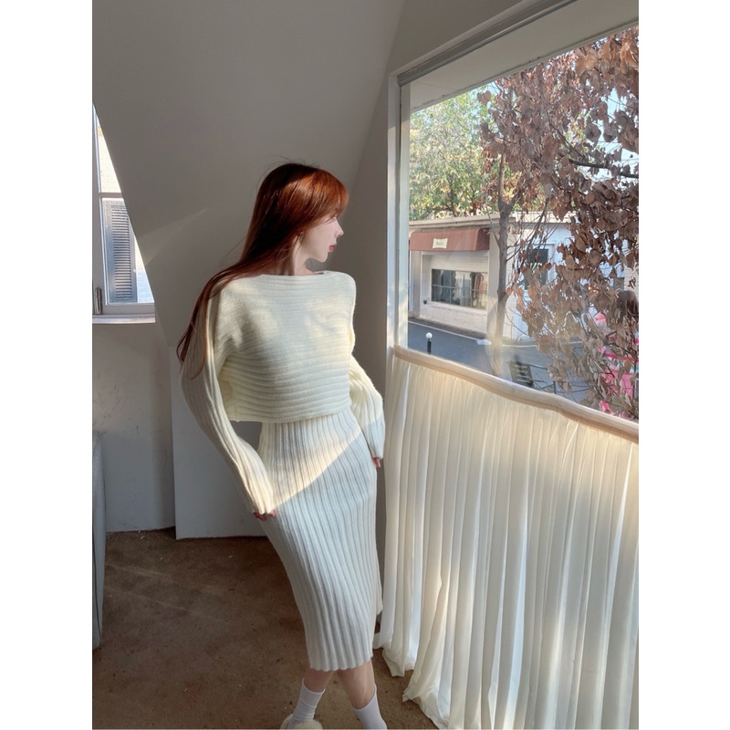 Bộ Áo Sweater Dệt Kim Trễ Vai + Chân Váy Xinh Xắn Theo Phong Cách Thu Đông Hàn Quốc Dành Cho Nữ