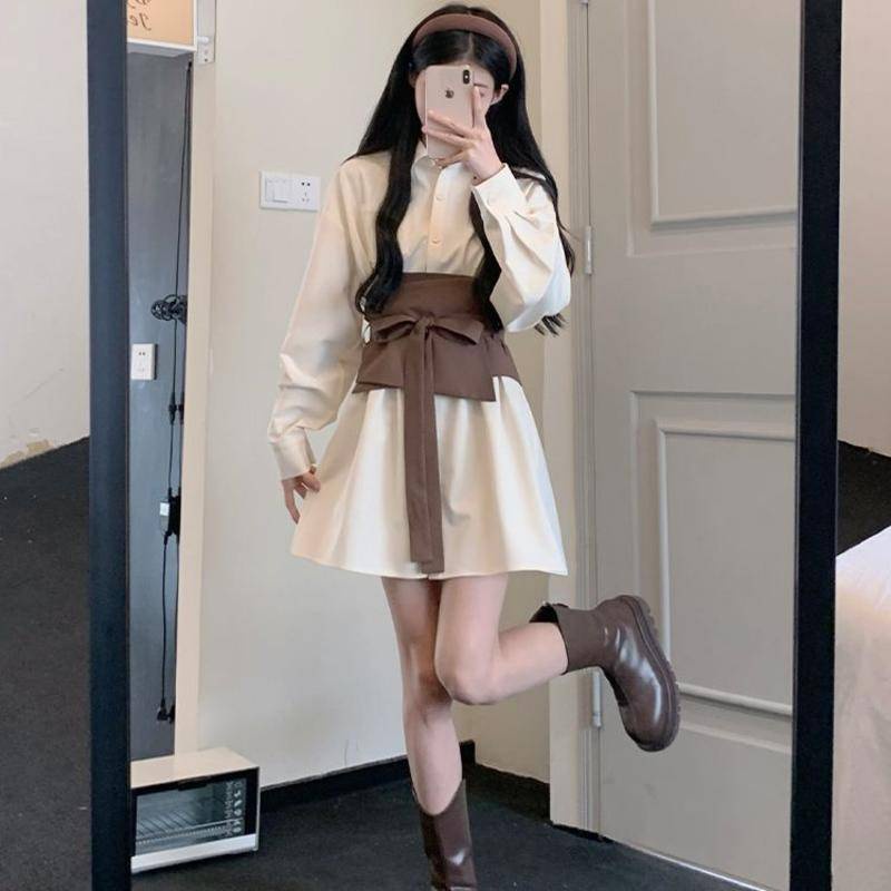 Đầm Sơ Mi Lưng Cao Dáng Rộng Thời Trang Mùa Thu Phong Cách Hàn Quốc Cho Nữ