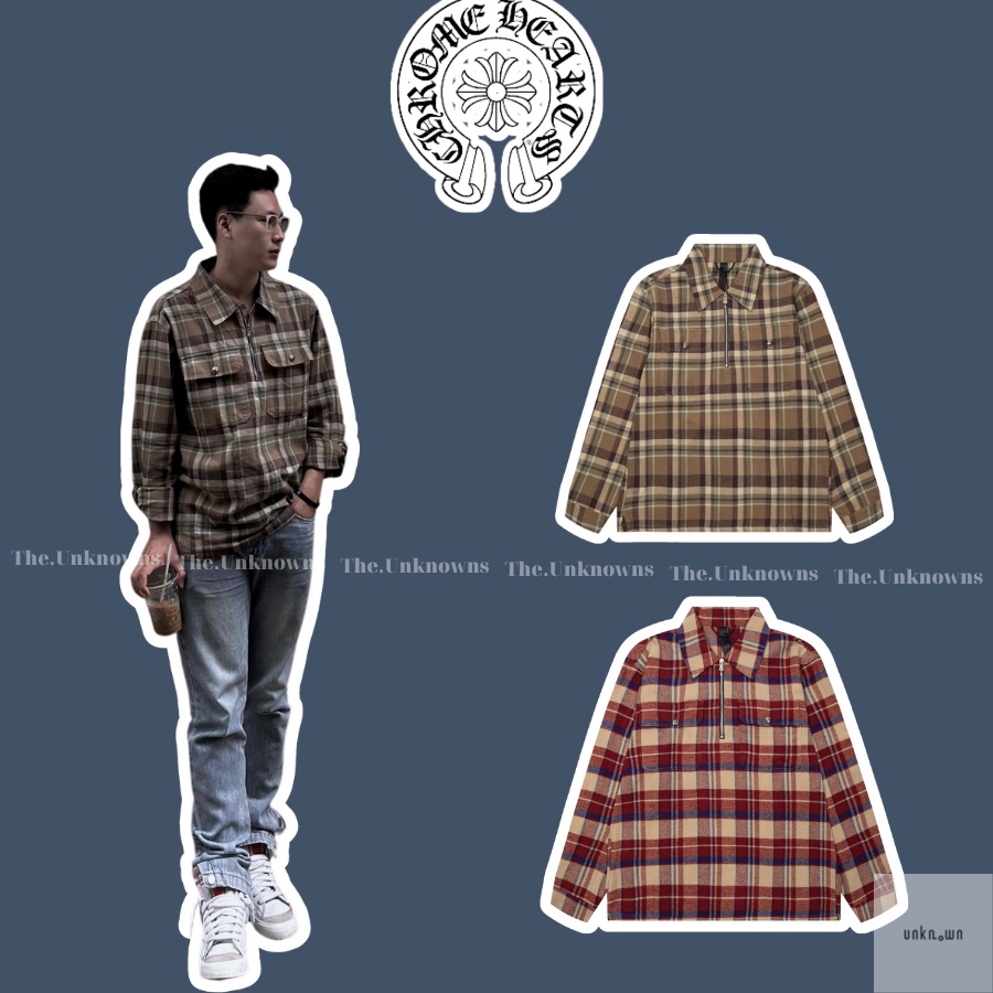 👑-Áo Sơ Mi Chrom Heart Casual Button Half Zip Logo Shirt, Áo sơ mi cổ chui CH cao cấp full túi tag