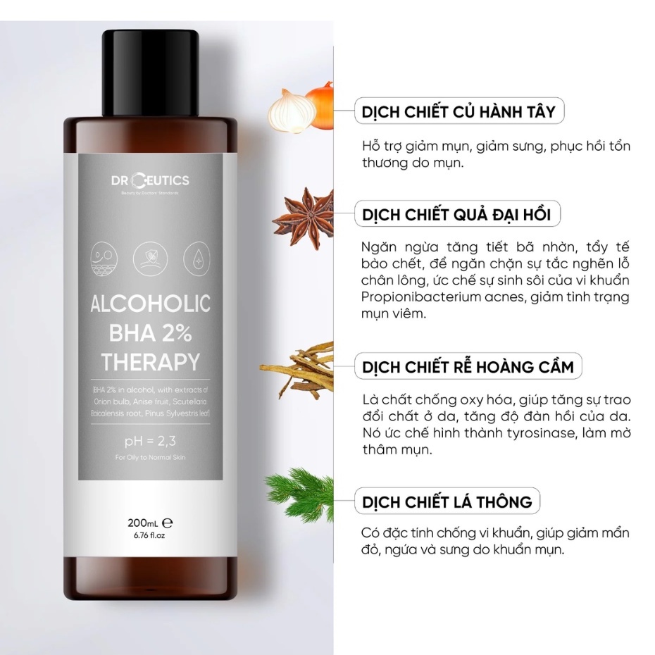 Nước Cân Bằng DrCeutics Alcoholic BHA 2% Therapy Toner Cho Da Dầu, Làm Sạch Sâu