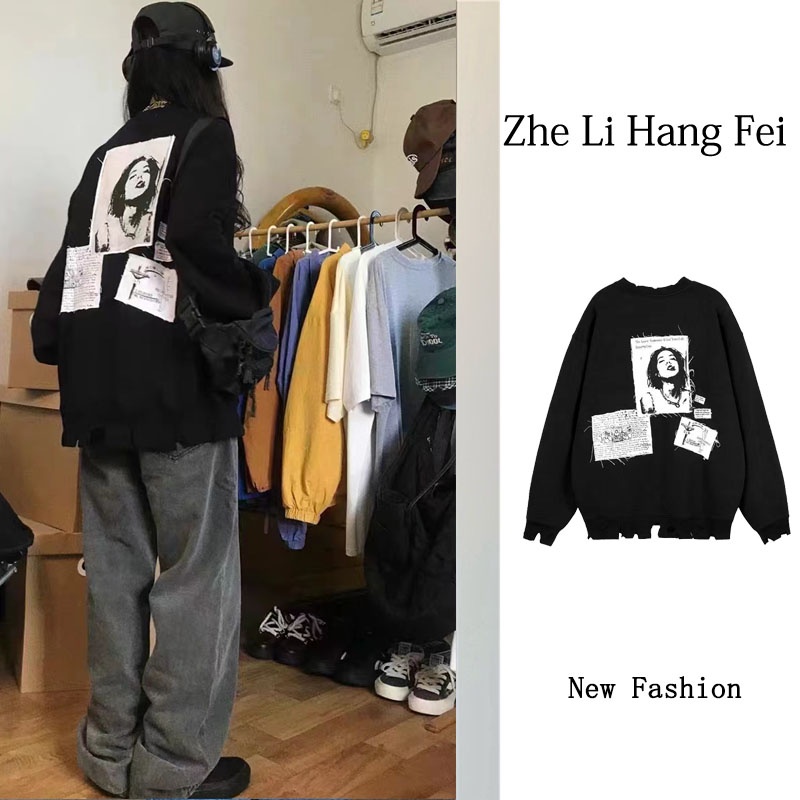 ZHELIHANGFEI Áo Thun Sweater Dáng Rộng Tay Dài In Họa Tiết Kiểu Retro Mỹ Dễ Phối Đồ