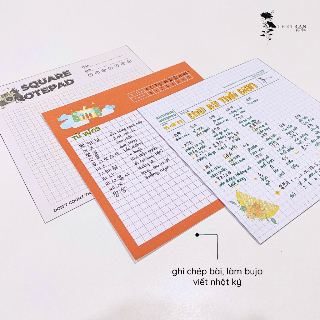 Bộ 10 tờ giấy ghi chép kẻ caro khổ vuông nhiều kiểu dễ thương / square notepad / thetranstudio