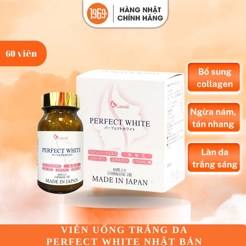 Viên uống trắng da và chống lão hóa PERFECT WHITE Nhật Bản ngừa sạm nám, dưỡng da sáng hồng 60 viên