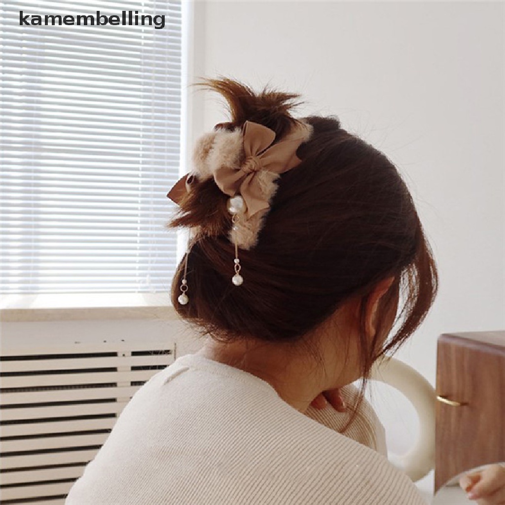 Kẹp Tóc Càng Cua Dài Đính Ngọc Trai Phối Lông Phong Cách Vintage Thời Trang Cho Nữ