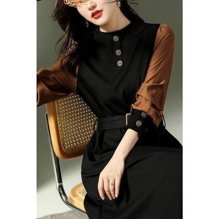 đầm xòe tay dài phối nâu đen
