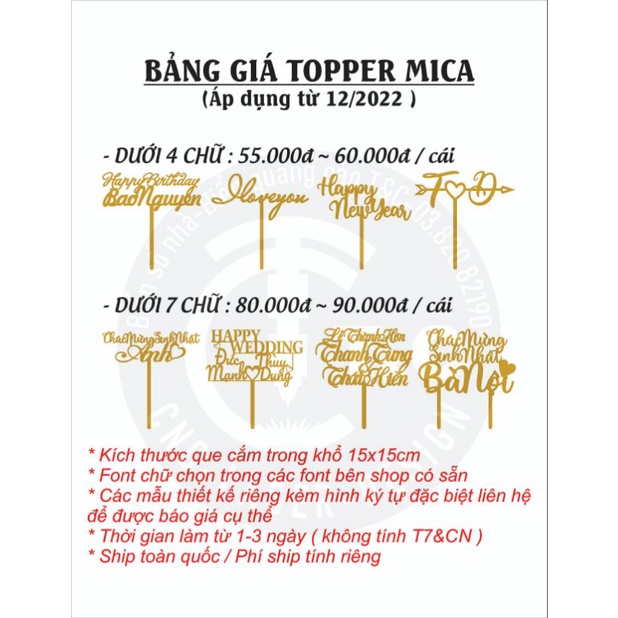 Que chữ mica cắm lên bánh kem và hoa đặt theo yêu cầu