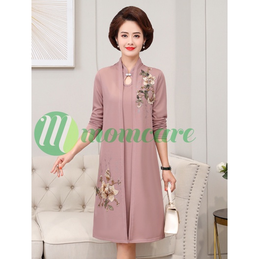 Váy trung niên nữ thu đông V66 cổ tàu & áo choàng - Đầm dự tiệc thời trang sang trọng cho mẹ trung tuổi cao cấp Bigsize