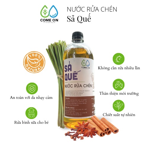 Nước rửa chén hữu cơ tẩy sạch vết bẩn Come On 1lit , nước rửa bát tinh chất sả quế, hương thơm tự nhiên