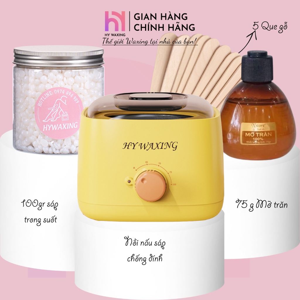[CHE TÊN] Combo Nồi Nấu Sáp Wax Lông Chống Dính HY WAXING + 100gr Sáp Trong Suốt + 75gr Mỡ Trăn Tặng Que