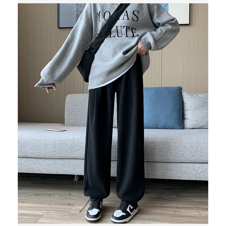 Quần Thể Thao Ống Rộng Lót Nhung Màu Sắc Đơn Giản Phong Cách Hàn Quốc