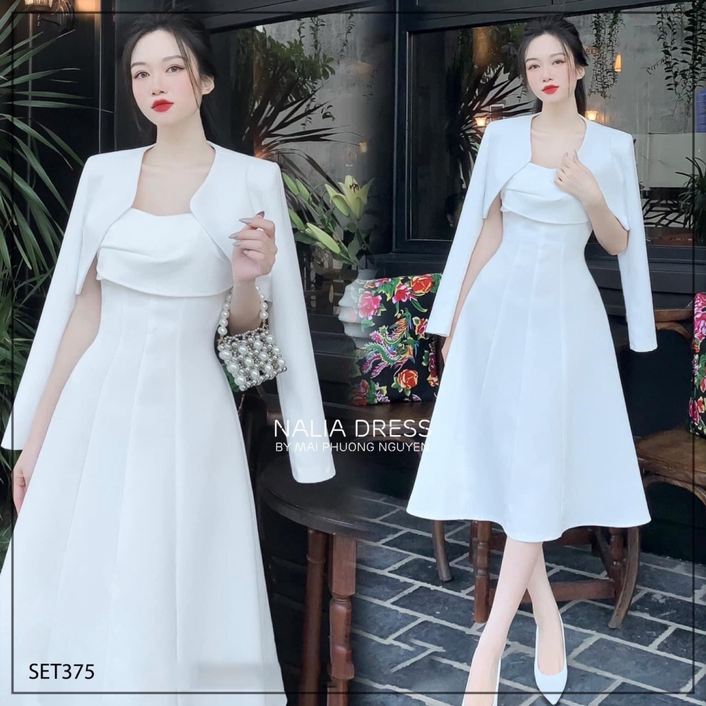 Sét đầm xòe 2 dây phối áo khoác chất liệu umi thời trang nữ năng động trẻ trung duyên dáng