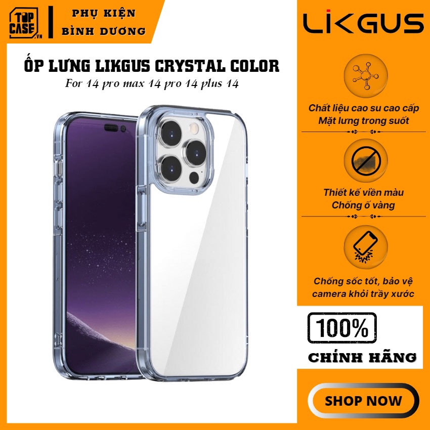 Ốp Likgus Crystal Color - PKL05 - trong suốt, viền màu, chống ố vàng, IP 14 pro max, 14 pro, 14 - Phụ Kiện Bình Dương