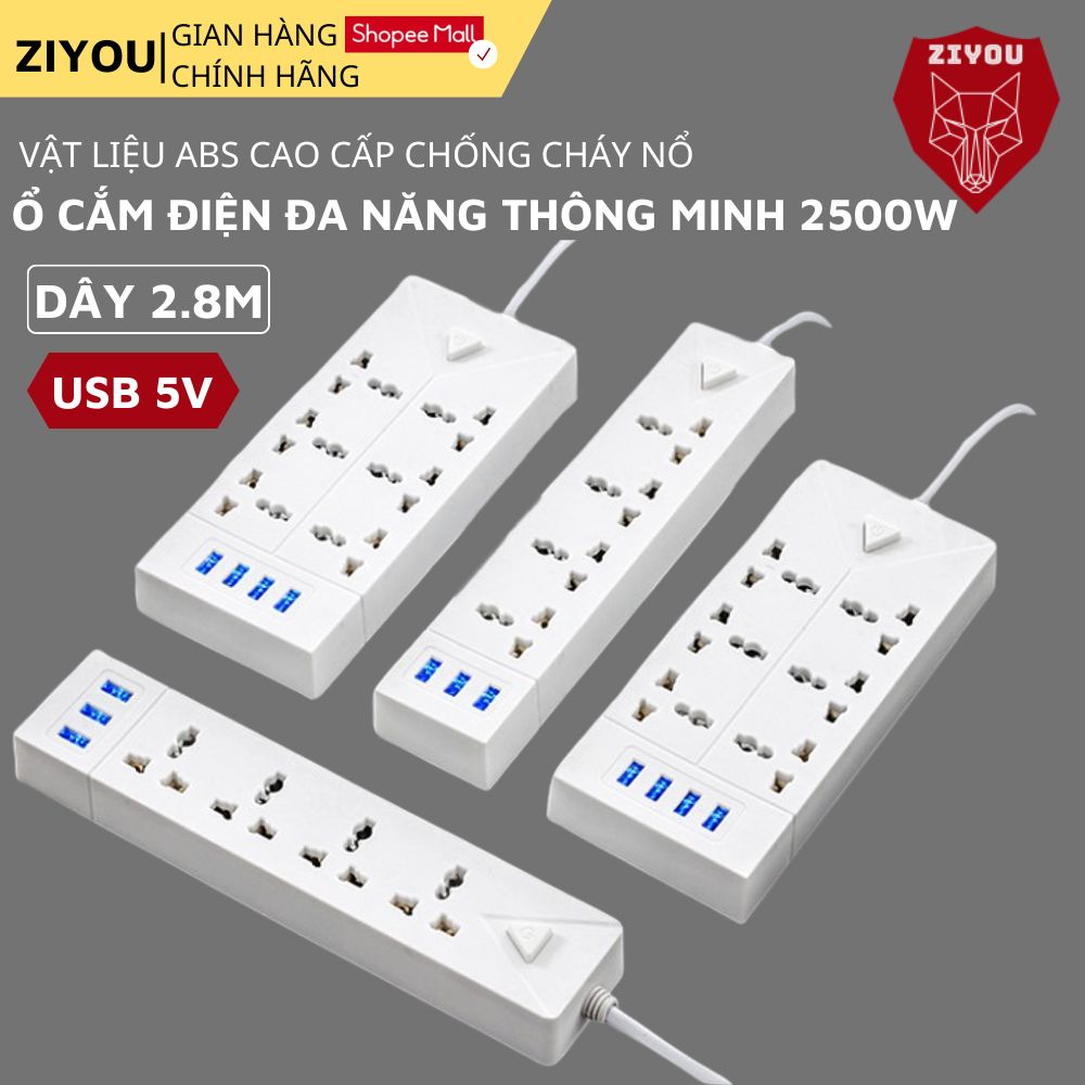 Ổ Cắm Điện Đa Năng Thông Minh Ziyou Chịu Tải 2500W, Có Cổng USB 5V Sạc Nhanh, Vật Liệu Nhựa ABS Chống Cháy Nổ Dây 2,5M