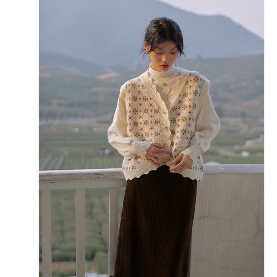 Áo Khoác Cardigan Dệt Kim Cổ Chữ V Dáng Rộng Phong Cách Vintage Dành Cho Nữ