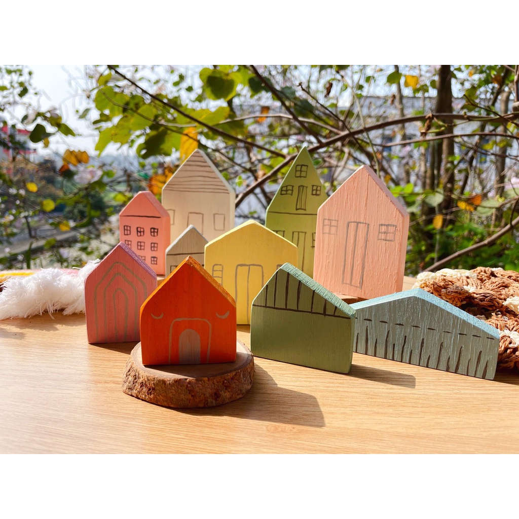 Set 10 ngôi nhà nhiều kích thước bằng gỗ dày 15mm tô màu sáng tạo, decor nhà cửa