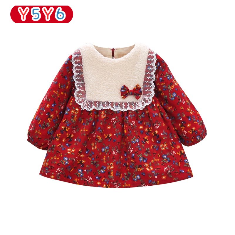 Y5Y6 Đầm Lông Cừu Tay Dài Phối Ren Hoa Thời Trang Thu Đông Cho Bé Gái 0-3 Tuổi