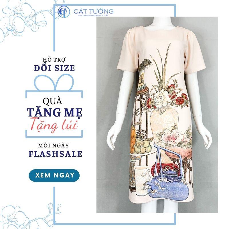 Đầm nữ trung niên tặng bà, tặng mẹ kiểu dáng mới cao cấp, sang trọng - Thời trang Cát Tường