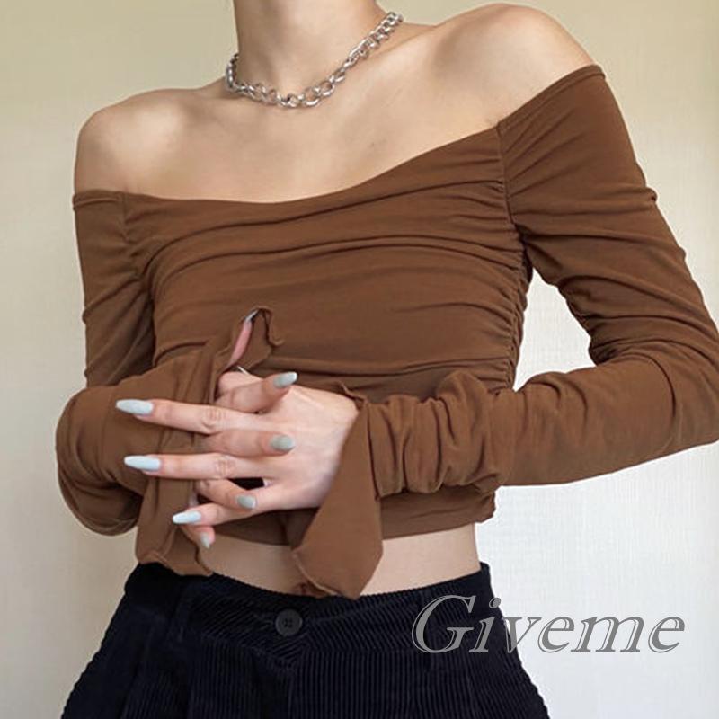Áo Croptop Trễ Vai Tay Dài Màu Sắc Thanh Lịch Cho Nữ