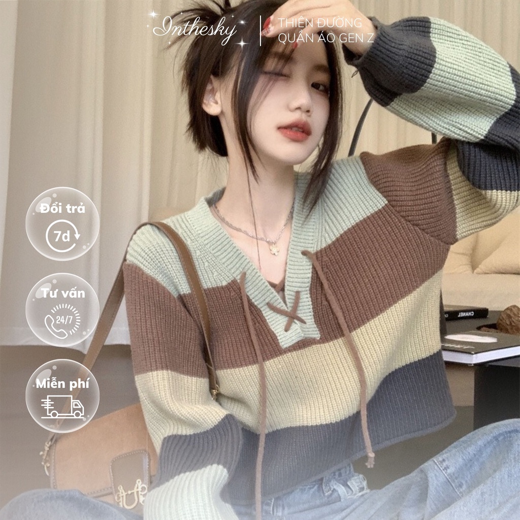 ÁO LEN SWEATER CROPTOP HÀN QUỐC KẺ SỌC 4 MÀU CƠ BẢN DÁNG RỘNG