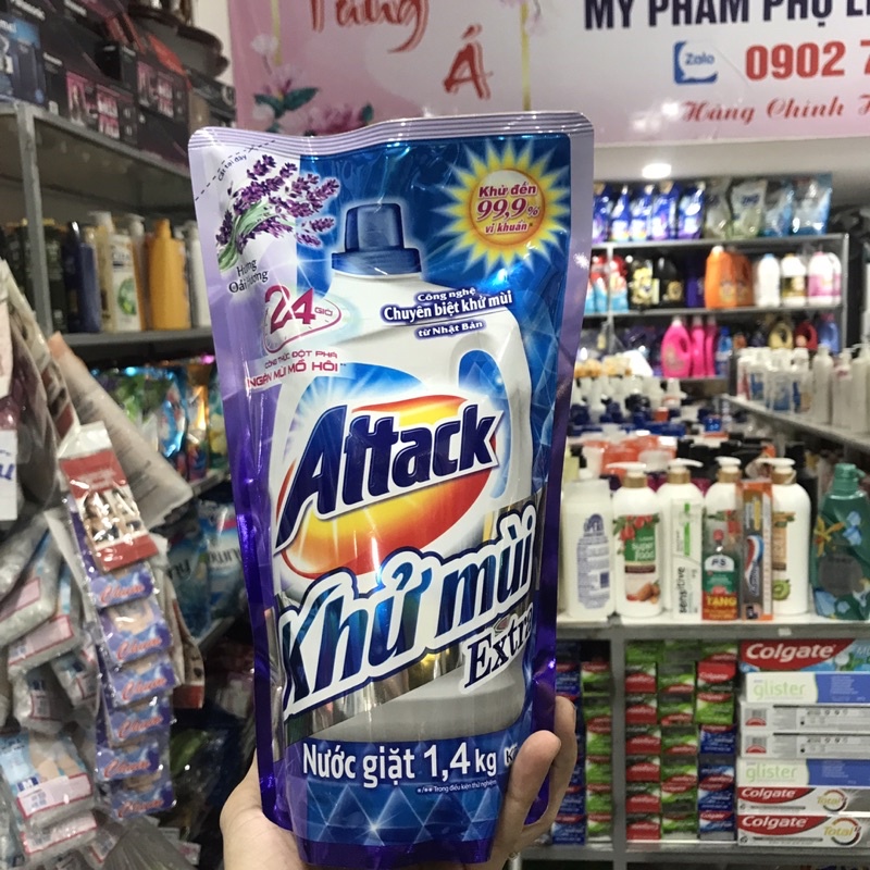 Nước giặt Attack Extra khử mùi lồng giặt hương hoa oải hương túi 1.4kg
