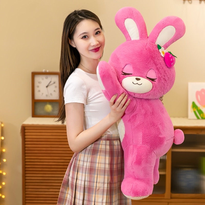 Gấu Bông Thỏ Dâu nằm nghiêng, Hàng QC lông mịn, không rụng