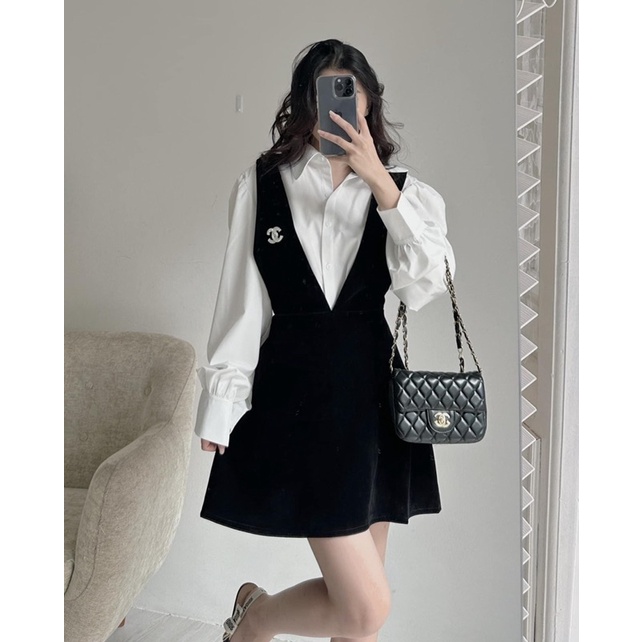 SET VÁY YẾM NHUNG 2211 MIX SƠMI TAY BỒNG TẶNG CÀI ÁO SIÊU XINH