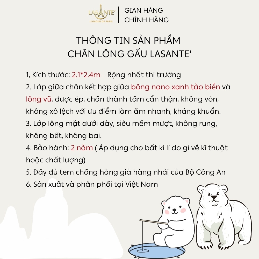 Mền lông gấu Pháp LASANTE' bảo hành 2 năm siêu mềm mịn, nhiều màu sắc 2.1x2.3m dày dặn ấm áp độc đáo, chăn đông