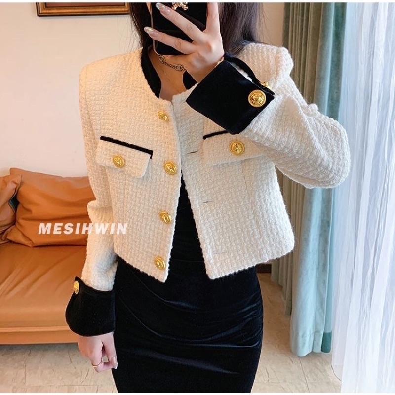 Áo khoác dạ tweed croptop phối tay đen kèm ảnh thật- có cầu vai, tay nhung Trần trám hàng sẵn | BigBuy360 - bigbuy360.vn