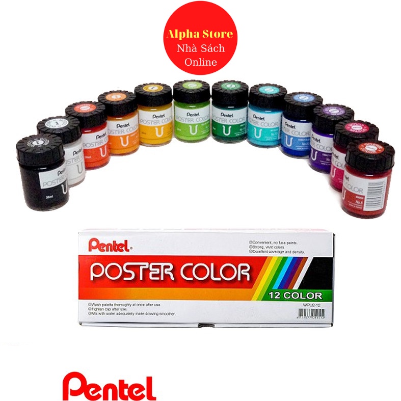 Màu poster Pentel, bộ 12 màu bột pha sẵn POSTER COLOR WPU2-12/ POC-12ESG