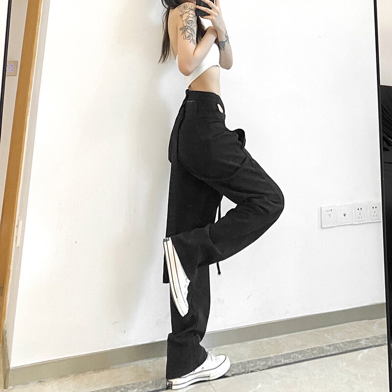 Quần ống rộng Lưng Cao Phong Cách Punk Đường Phố Thời Trang Thu Đông 2021 Dành Cho Bạn Nữ