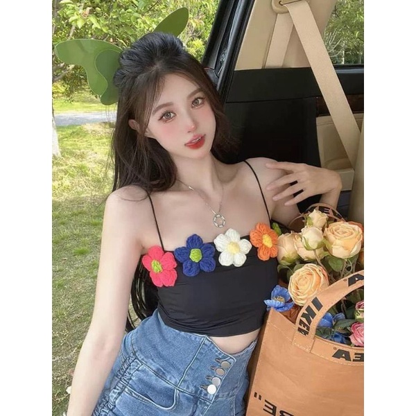 Áo Ống Croptop alohashop91 Thun Gân Đính Hoa Hồng Cổ Điển Rạng Rỡ