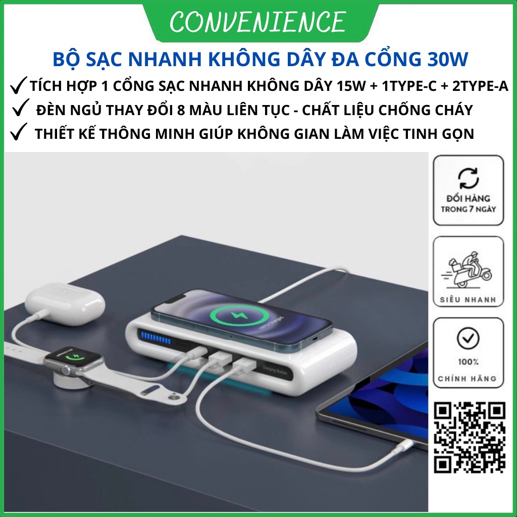 Đế sạc nhanh không dây 15W, đế sạc không dây 4in1 để bàn tích hợp đèn ngủ 8 ánh sáng thay đổi liên tục - SET2331