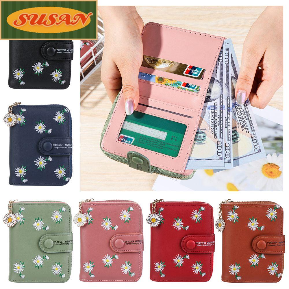 SUSANS Daisy Pendant Ladies Purse Leather Pocket Card Holder Mini Long Wristlet Coin Purse Compact Bifold Zipper Womens Wallet/Multicolor