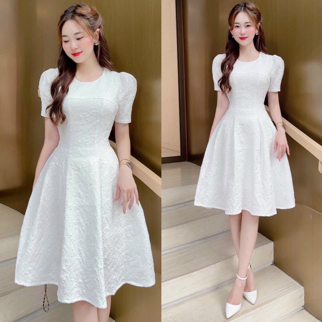 Đầm Váy Nữ Chất Vải Gấm Dáng Xoè Cổ Tròn Màu Sắc Trắng ( Có Mút Ngực ) Thiết Kế Sang Chảnh Đi Làm Công Sở, Dạ Hội