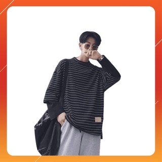 Áo thun nam tay dài form rộng cổ tròn Unisex AT5466 kẻ ngang tay dài nối