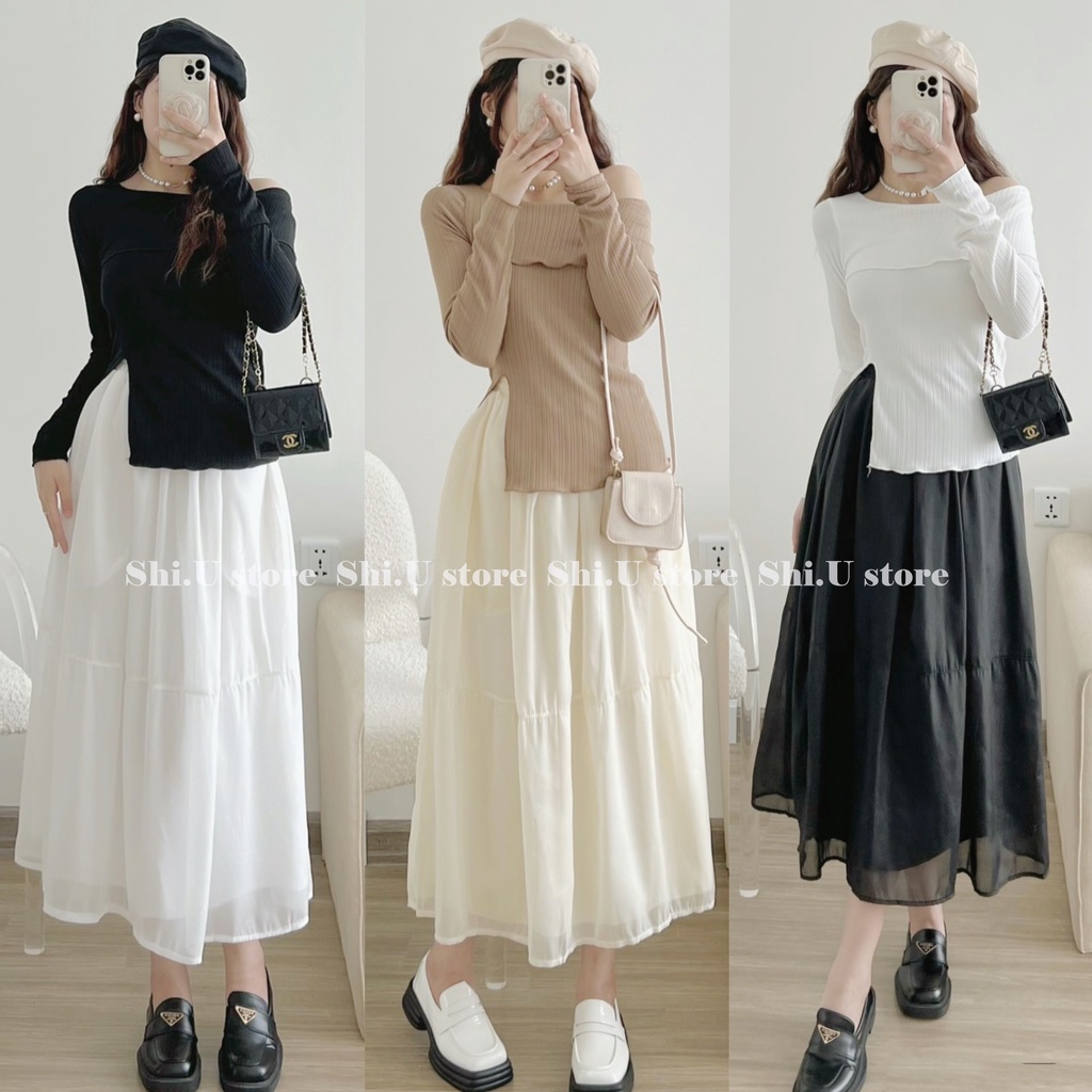 Set áo trễ vai dài tay xẻ tà chất thun gân kèm chân váy voan dáng dài 2 lớp xinh xắn