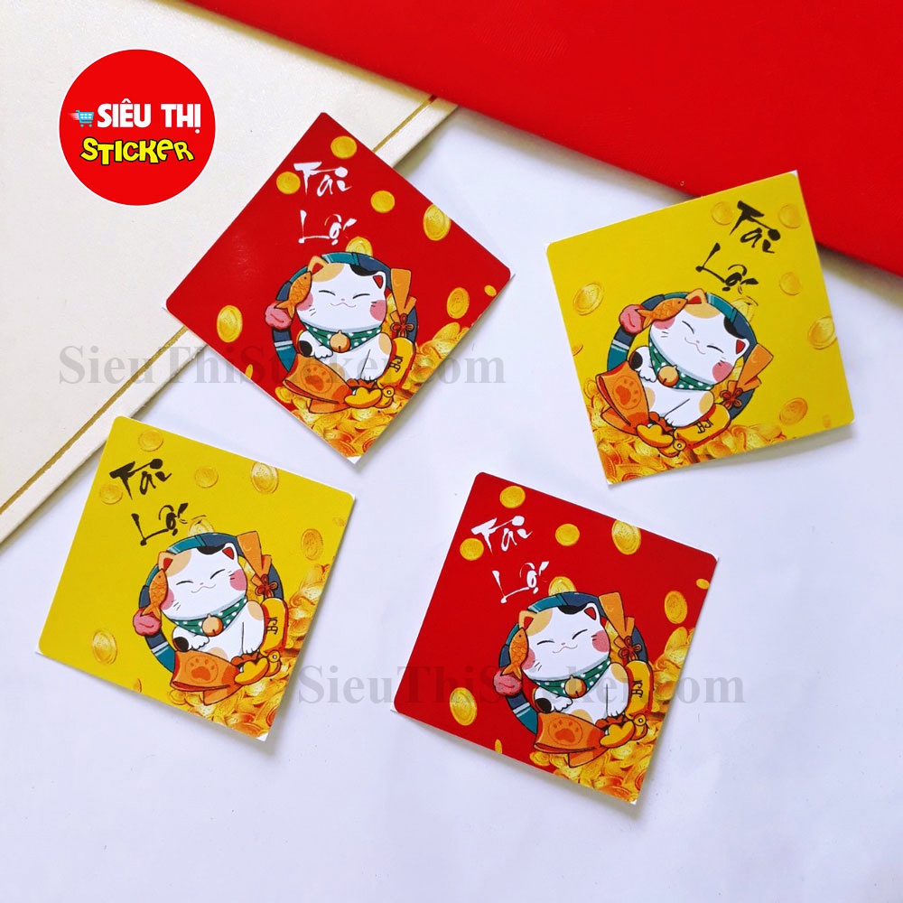 Tem tết Mèo may mắn chữ Tài lộc năm mới, kích thước 5cm trang trí hộp bánh, kẹo, mứt ngày tết