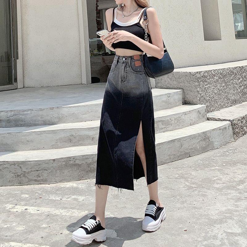 Gradient Color Split Denim Skirt Mid-Length Skirt Fashionable Elegant Sexy Versatile Korean Style A- line Skirt Short Skirt