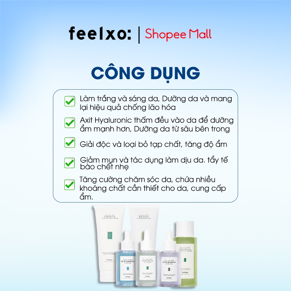 Bộ sản phẩm chăm sóc da Feelxo Glacier gồm bộ đôi sữa rửa mặt sạch sâu+ Toner cấp ẩm+ Serum cấp ẩm da mụn, sáng da