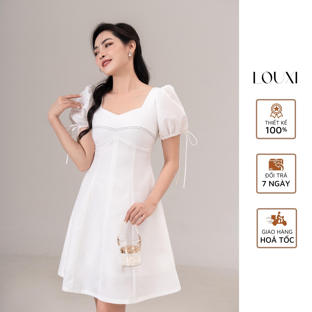 LOUXI - Đầm cổ vuông nơ tay viền chỉ thêu - Ella Dress