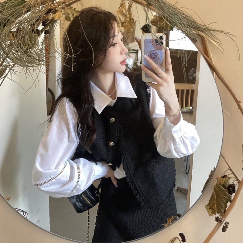 Set Dạ Tweed 3 Món Áo Sơ Mi Trắng Kèm Áo Gile Chân Váy Tweed Tua Rua  Áo Gile Dạ Tua Rua