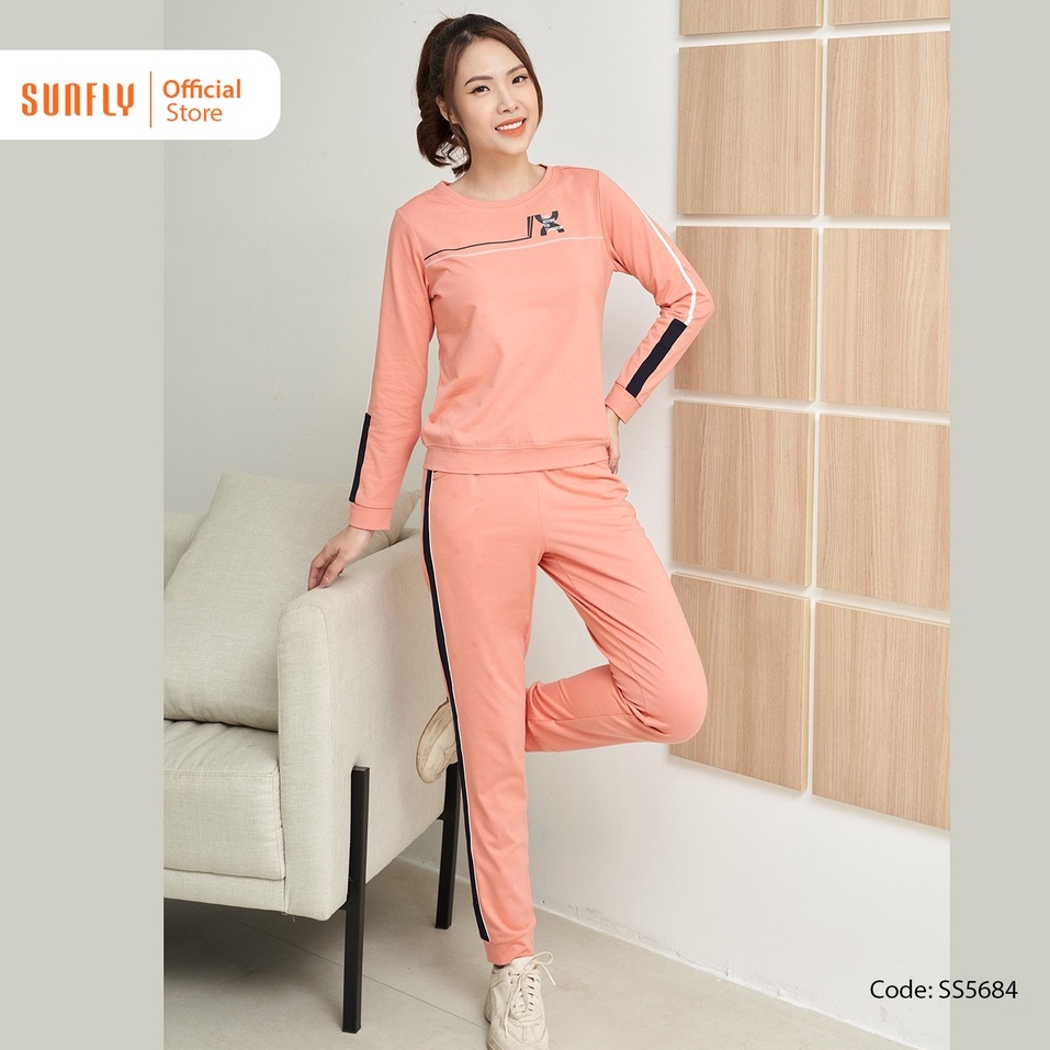 Bộ đồ mặc nhà nữ thể thao cotton SUNFLY áo dài, quần dài SS5684